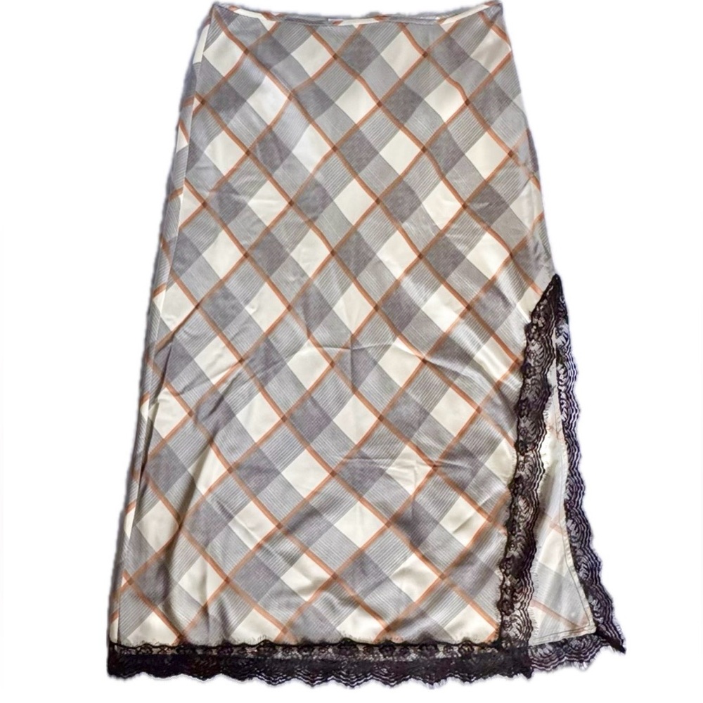 Forever 21 Plus Women's Silk Maxi Skirt Plaid Black Lace Side Slit Fall Winter